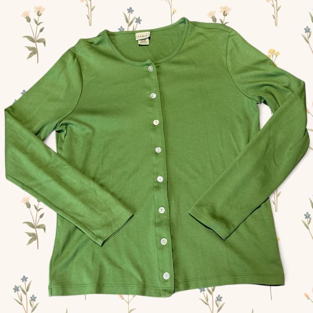 Preppy L.L. Bean 100% Supima Cotton Button Up Cardigan Sweater Apple Green XS